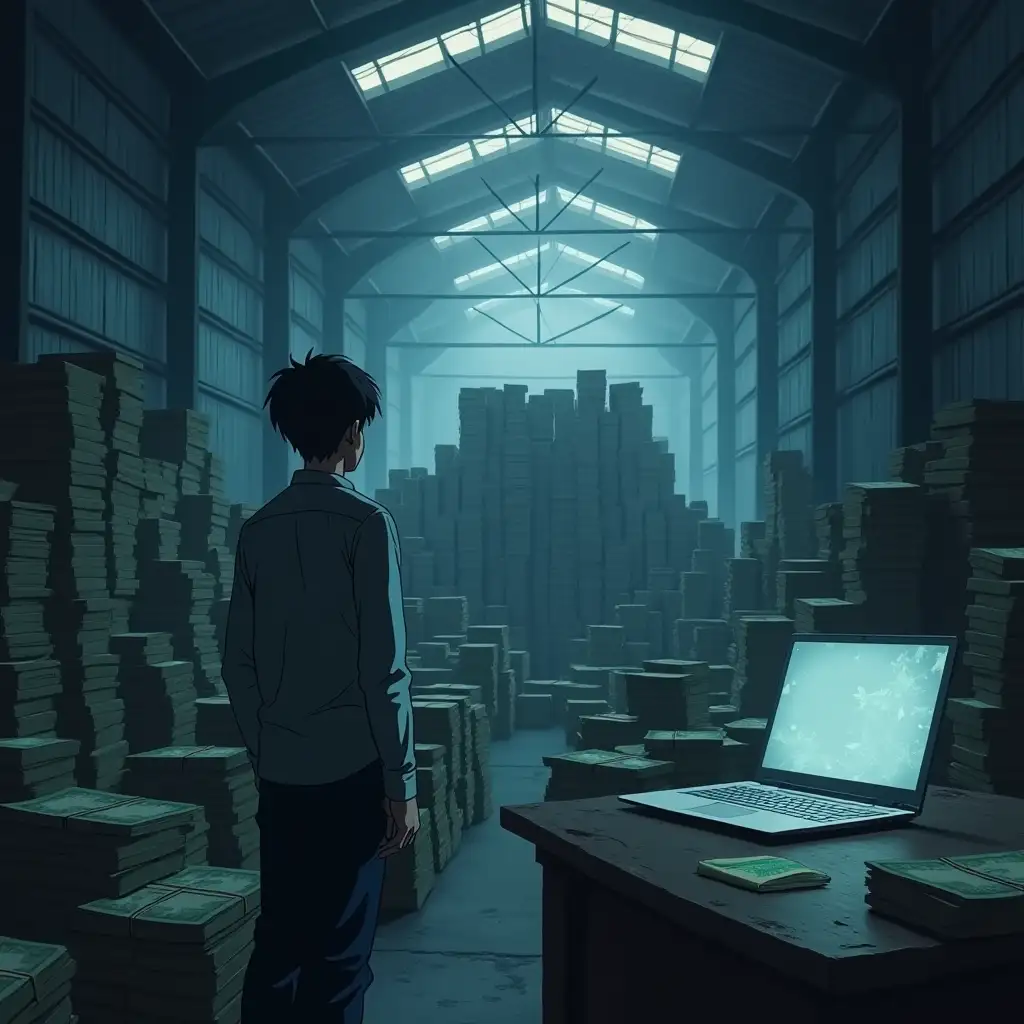 Mysterious-Warehouse-Stacked-with-Money-and-Gaming-Laptop-Under-Cold-Lighting