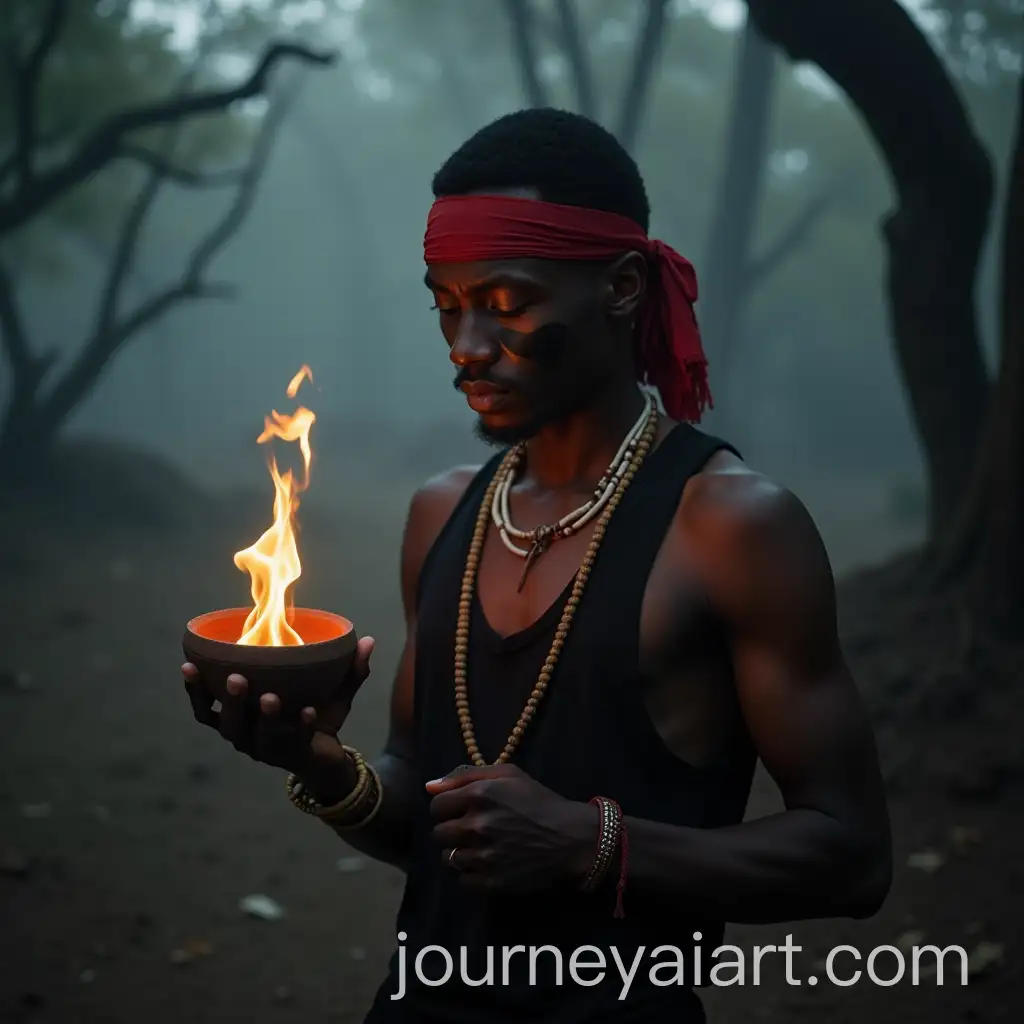 African-Man-Holding-Tribal-Fire-Bowl-in-Mystical-Forest