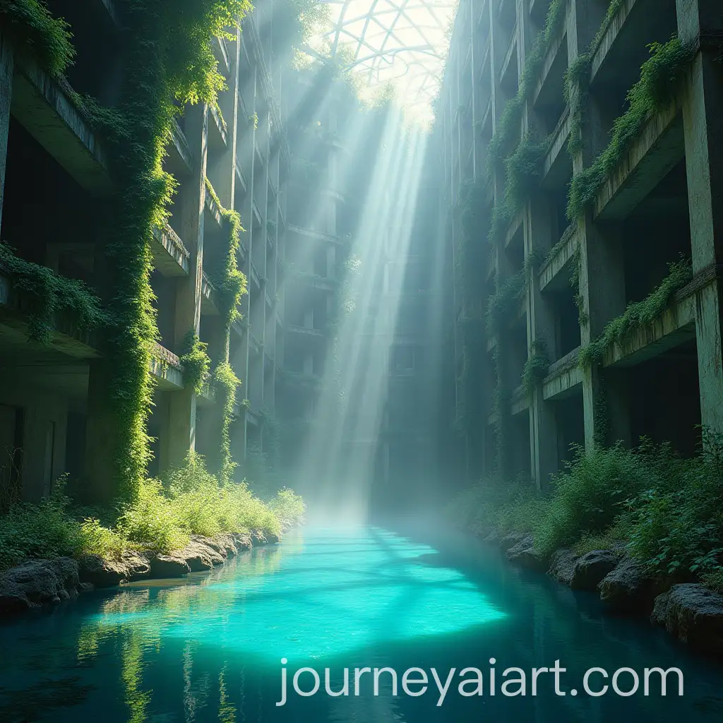 Abandoned-Skyscraper-with-Crystal-Clear-Lake-and-Lush-Greenery