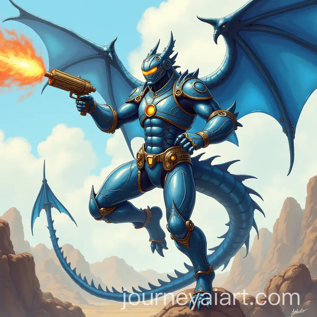 Blue-Dragonborn-in-Steampunk-Armor-Blasting-Monsters-While-Flying