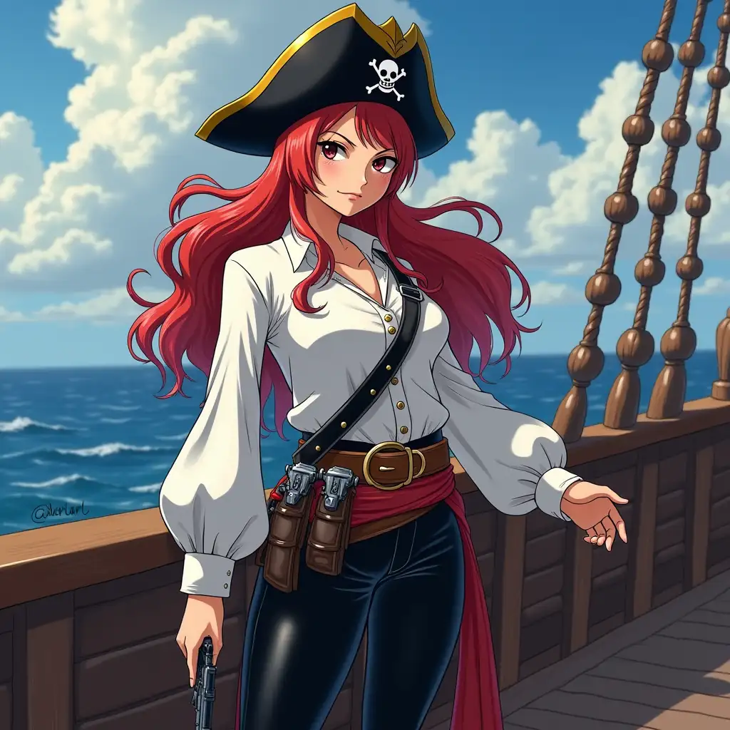 It's a young pirate She has a white blouse, black leather pants, black boots. She has long red hair and a pirate hat She carries 2 pistols on her belt, and 1 in her hand She is on a pirate ship She is inspired by the anime One Piece