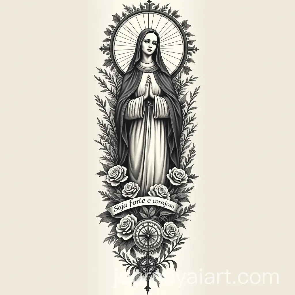 Symbolic-Vertical-Tattoo-Design-Featuring-Saint-Thrse-Roses-and-Engineering-Elements