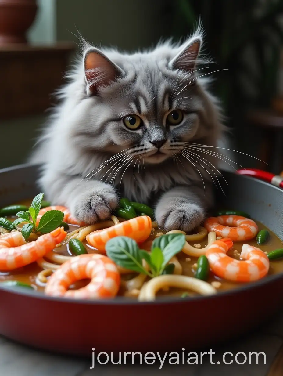 Gray-Persian-Cat-with-White-Spots-in-a-Pan-with-Vegetables-Shrimp-and-Squid