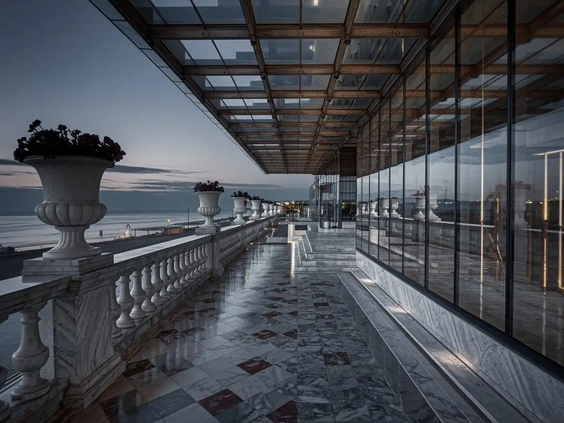 1985. Dark night. Dusk. Beautiful view. View from inside a large residential complex in a pioneer children's camp, 1st floor. High detail. Crimea, sea, beach. Along the sidewalk marble railings with large flower vases Descend to the beach. At the exit of a quiet cozy spacious complex with a glass facade, marble ceiling. Above stretches a separate direct marble staircase. Carpets. Even monolithic granite wave breakers.