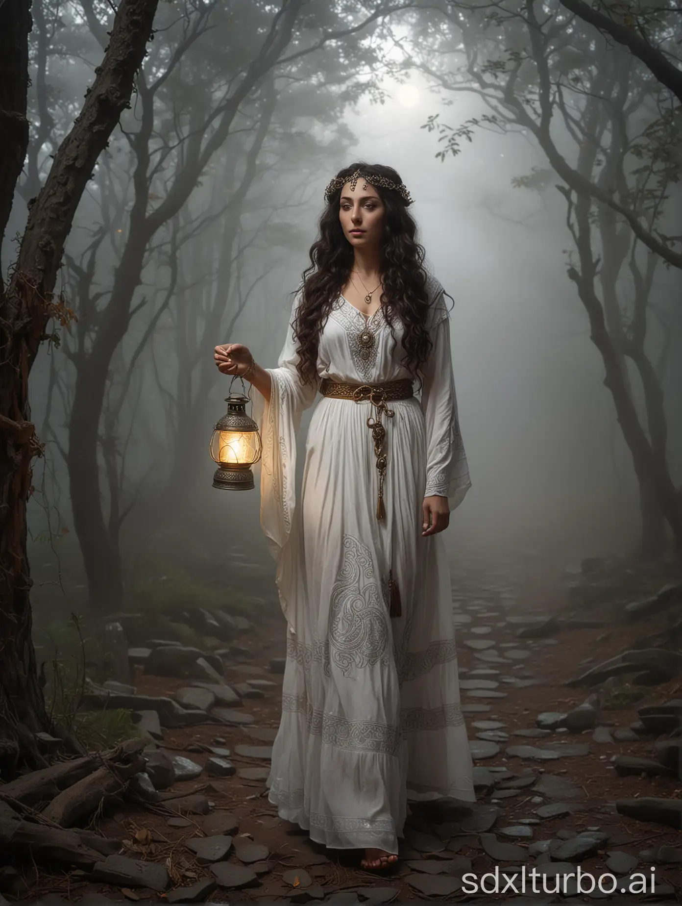 a beautiful shining minoan, cretan, priestess with long dark curly hair, wearing a long dress adorned with magical, runic, sun patterns, holding a lit lantern,  silver octopus on the ground, walking gracefully in the fog in the wood, heavy fog, night, dark, photographic