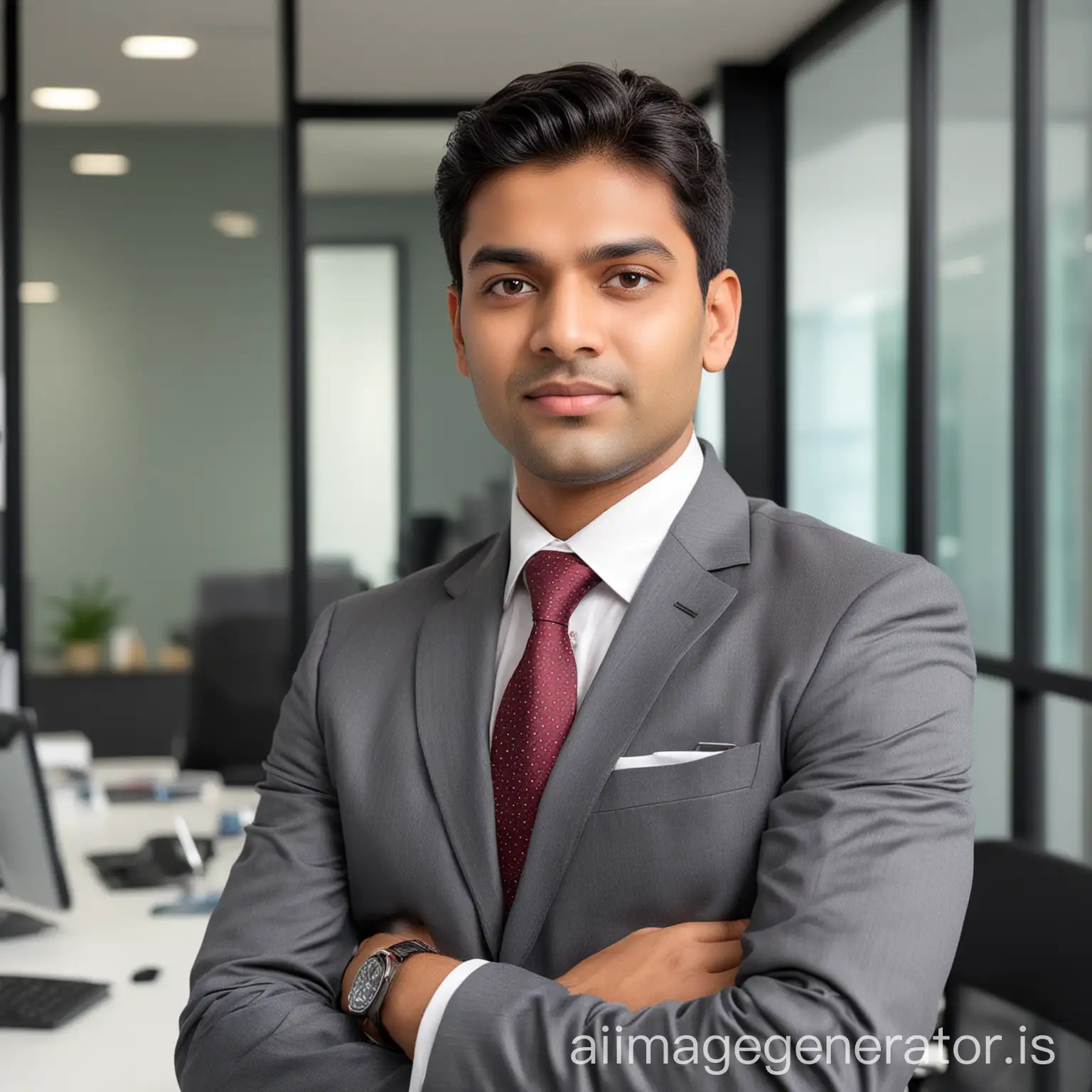 make 24 years indian male professional photo with modern office background