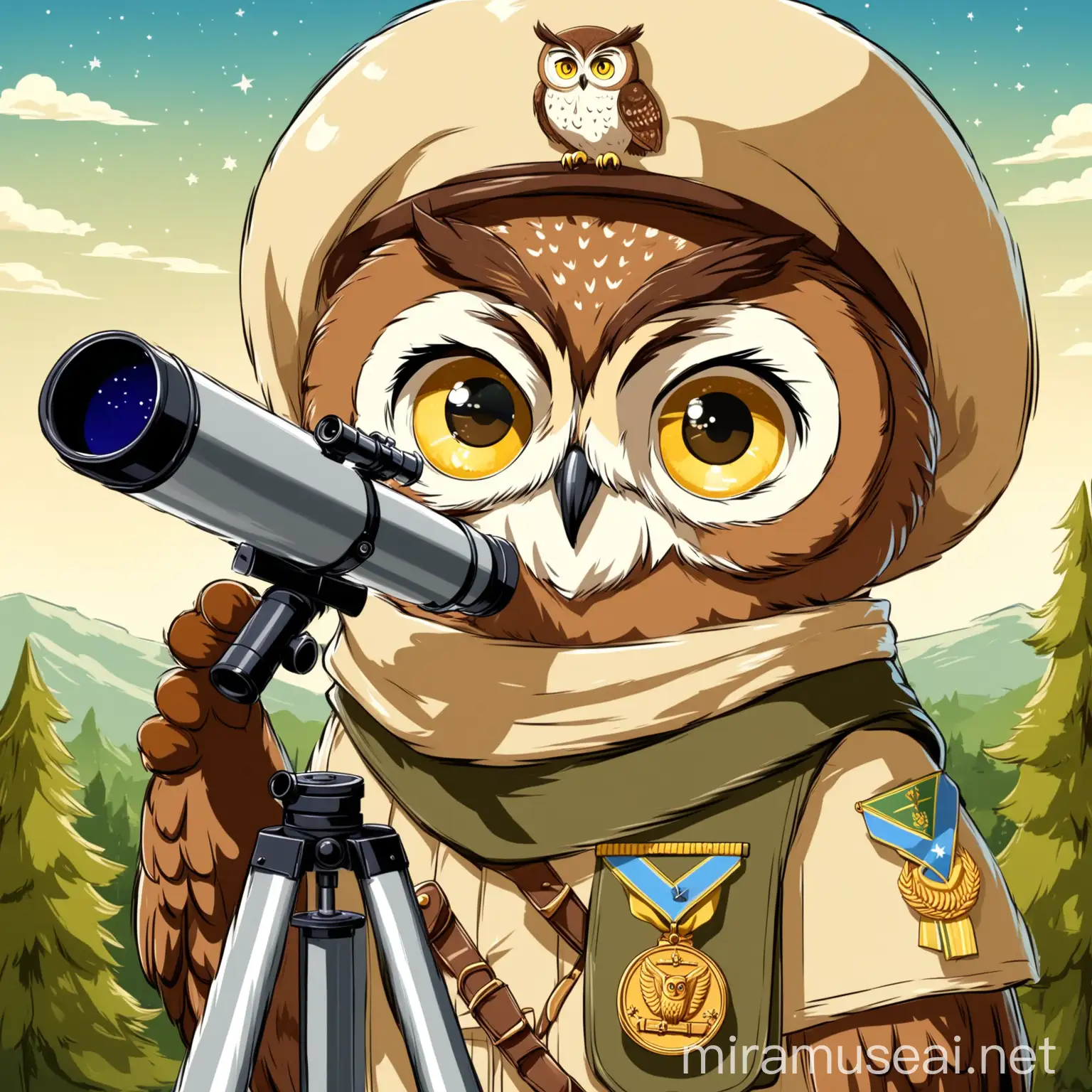 Cartoon Brown Owl Scout with Telescope in Nature