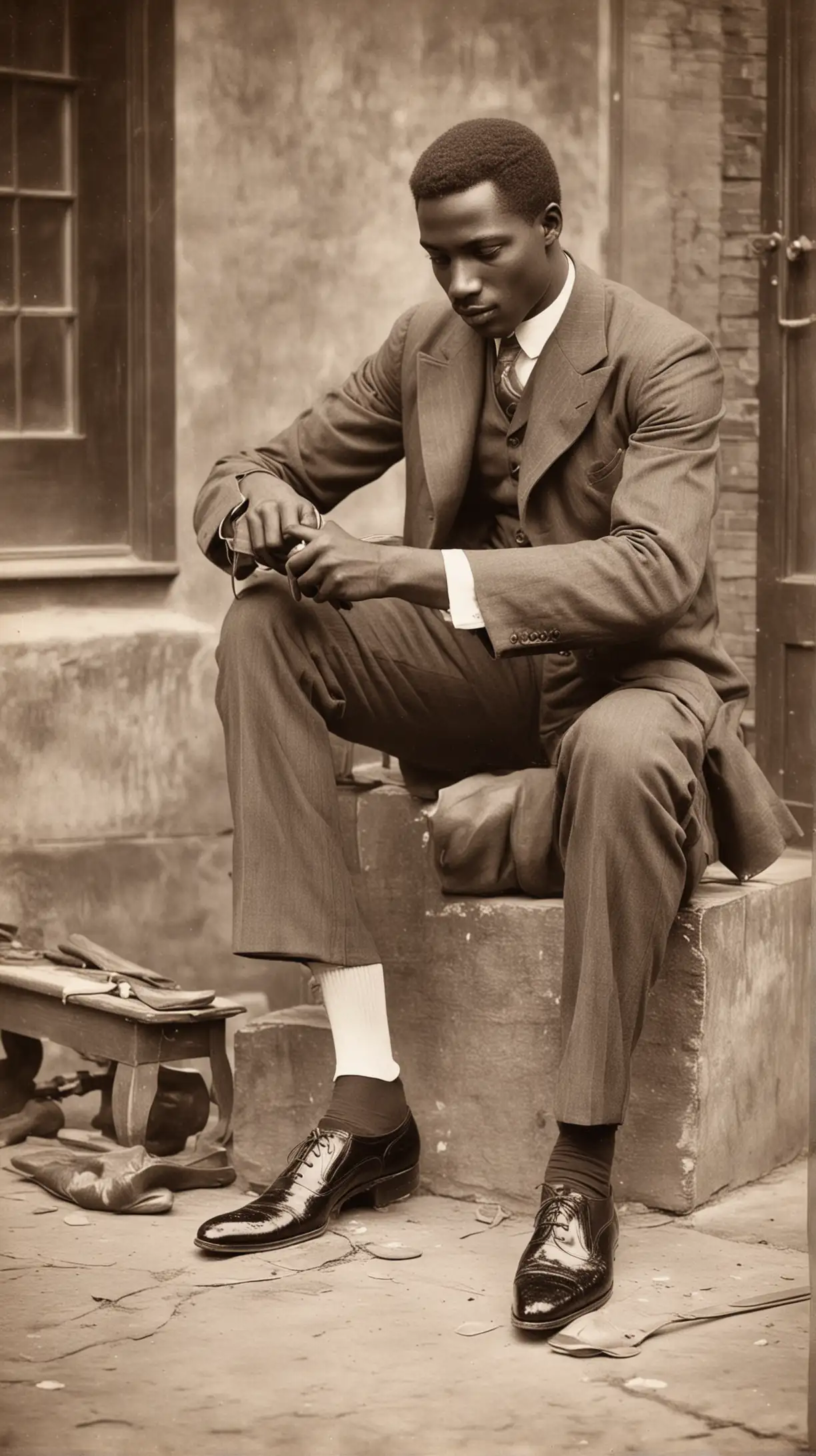 1900s African American Man Polishing Shoe Outdoors