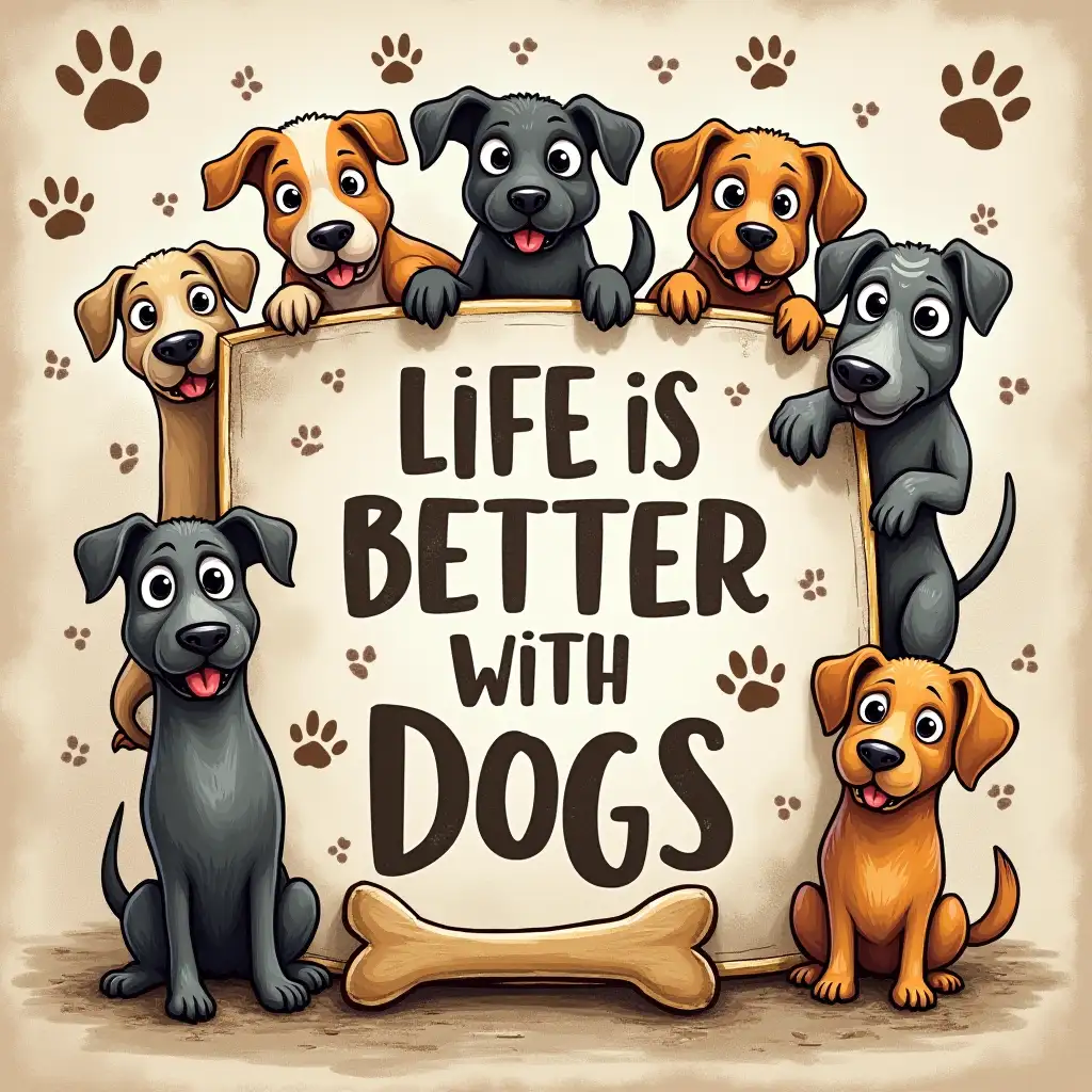 A fun and lively design featuring a variety of cartoon-style dogs with big expressive eyes and playful expressions, surrounding a central text that reads 'Life is Better with Dogs.' The background includes scattered paw prints and dog bones in a rustic, textured style, creating a warm and cheerful composition. charcoal drawing