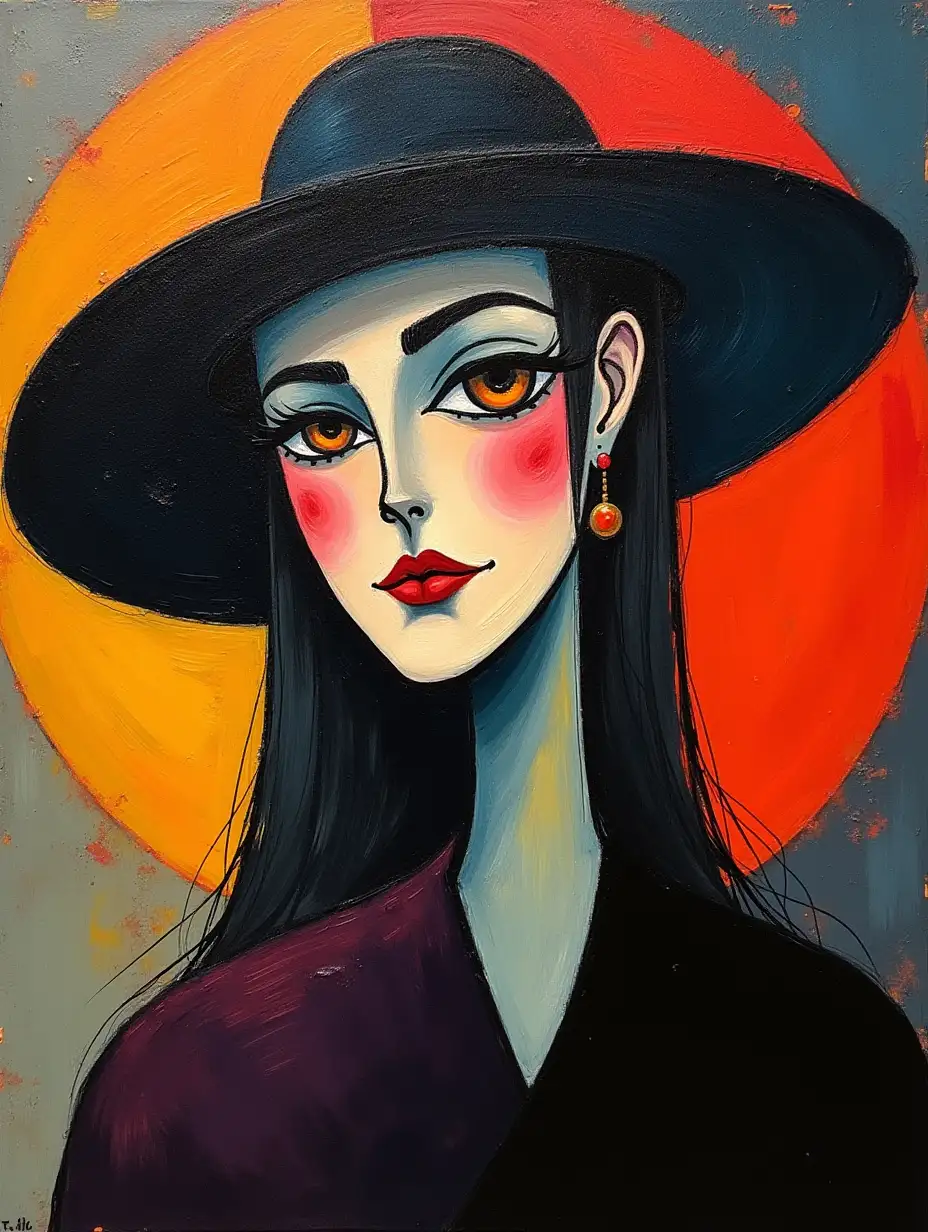 An abstract picture of a lady in a hat in the style of Kandinsky, Malevich, minimalism, simplified for a beginner artist with acrylic many colors, constructivism abstractionism, dark mood