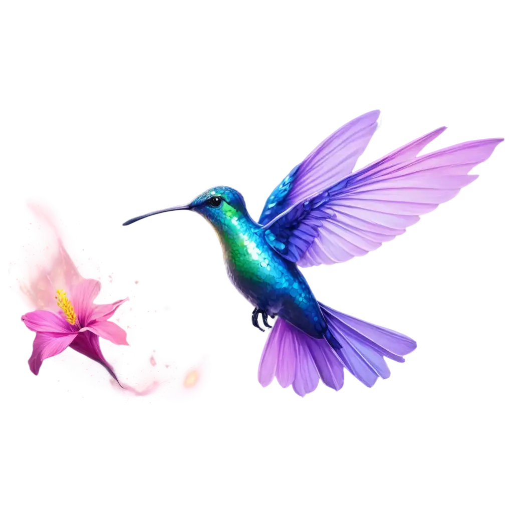 Mesmerizing-Iridescent-Hummingbird-in-Flight-PNG-with-Pastel-Hibiscus-Flowers-HighQuality-Ethereal-Art