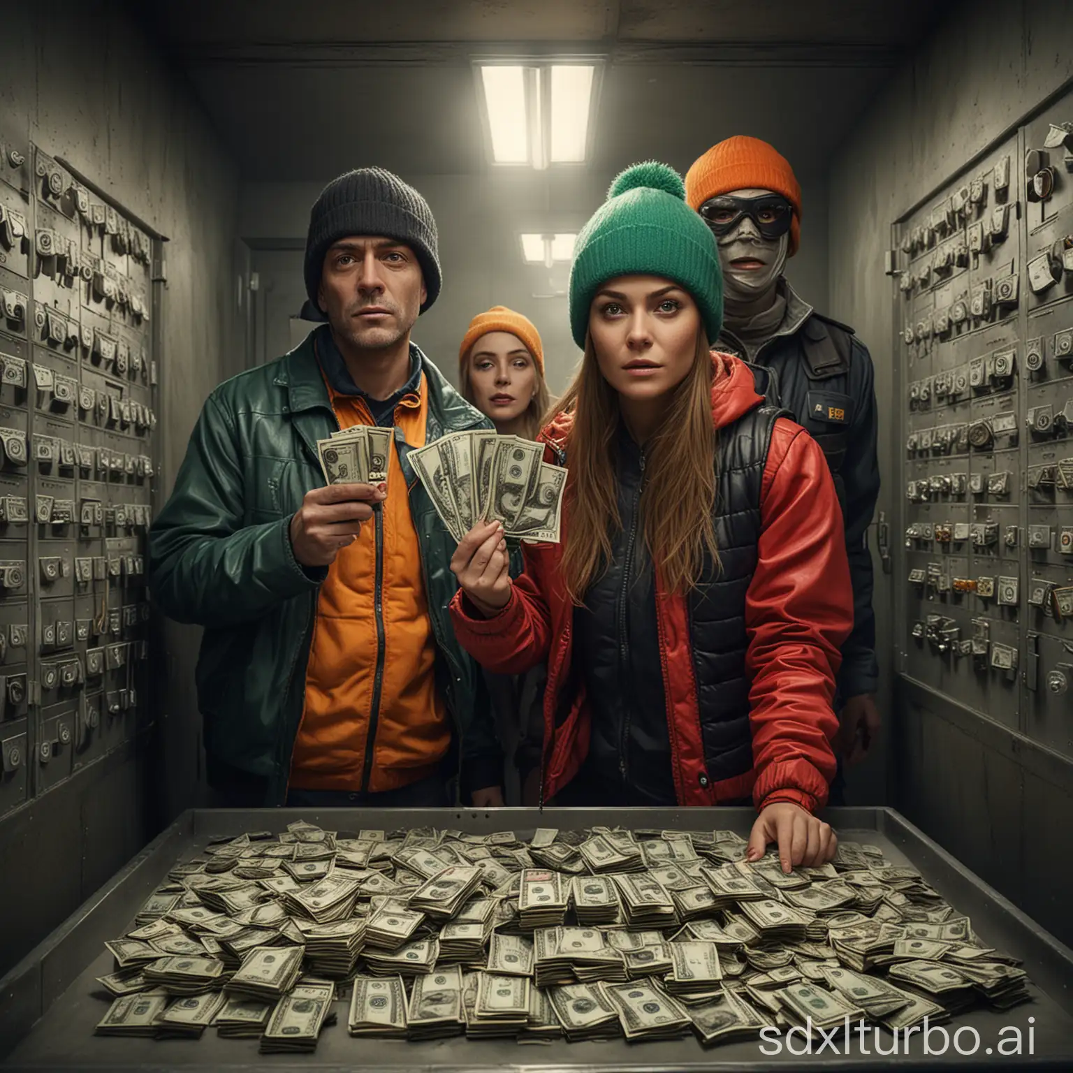 Create a square, 1:1 aspect ratio, high definition, image of 2 crooks, and a woman and a man. The image must be photorealistic, show medium shot bodies, with ski masks, holding money and a safety vest, inside a money vault vivid colors, cinematic, Not a monster, no monstrous faces.