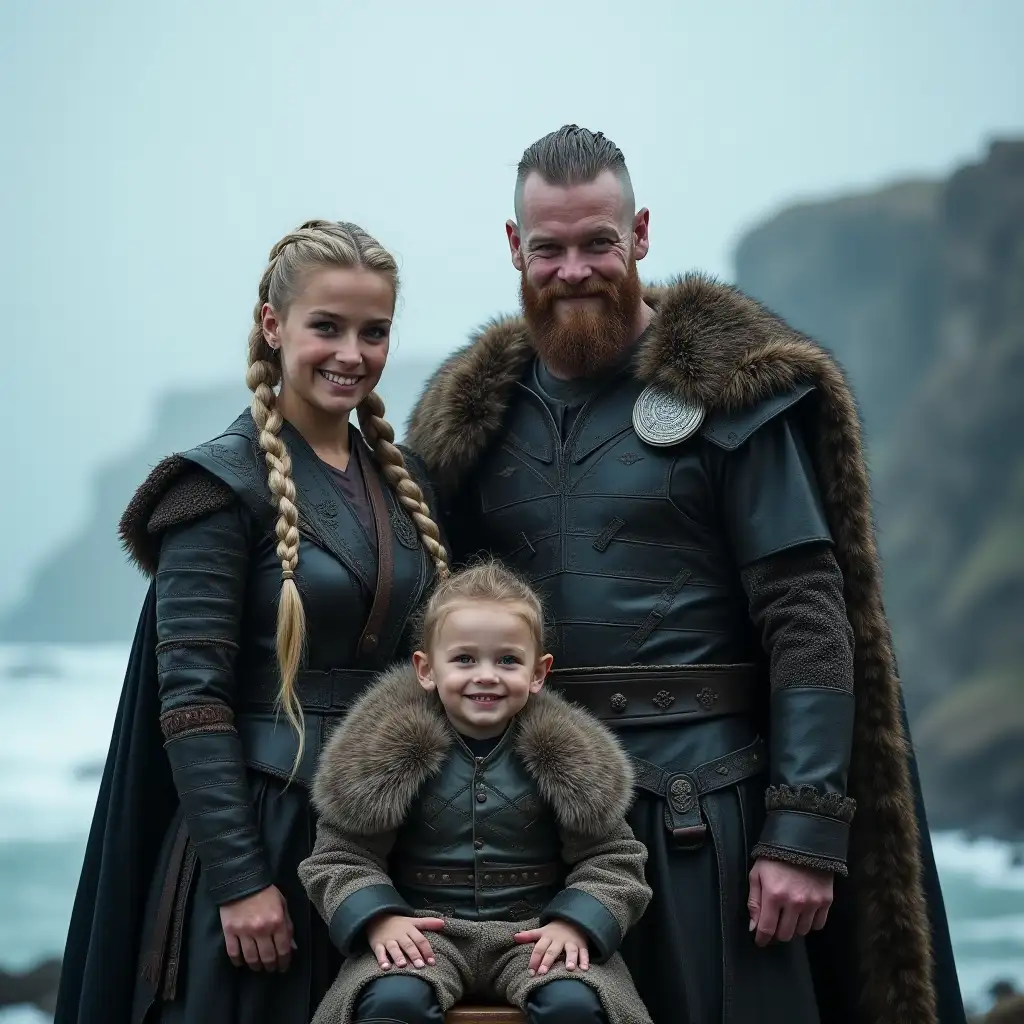 A cinematic family portrait of Ragnar Lothbrok, Lagertha, and their 6-year-old son, Ivar the Boneless, smiling warmly and looking at the camera. Ragnar stands tall in the center with his shaved head, braided hair, and rugged beard, wearing a leather tunic with Nordic patterns and a fur-lined cloak. Lagertha, to his left, exudes strength and beauty with braided blonde hair, deep blue eyes, and intricately designed leather armor. Ivar sits on a wooden stool in front, his mischievous eyes and joyful smile radiating innocence. He wears a rune-patterned tunic and fur wraps, mirroring his father’s style. The background is a cloudy, outdoor cinematic scene with a smoggy haze, snow falling gently, and misty cliffs blending into the icy waters, evoking Viking strength and resilience.