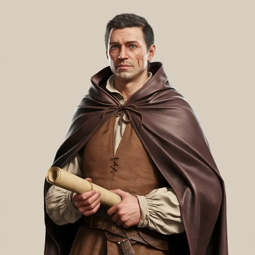 A medieval spy in brown leather cloak. He is standing with a blank background