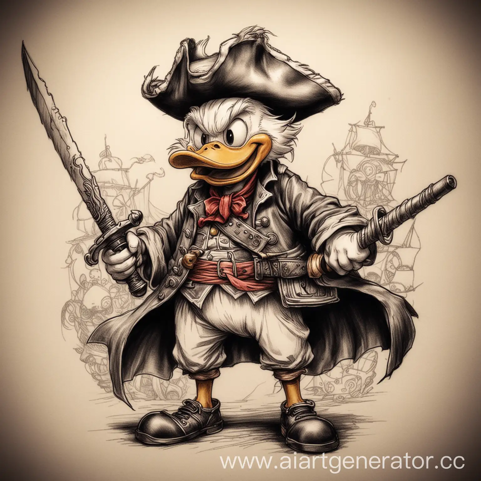 Scrooge-McDuck-Pirate-with-Saber-Tattoo-Sketch