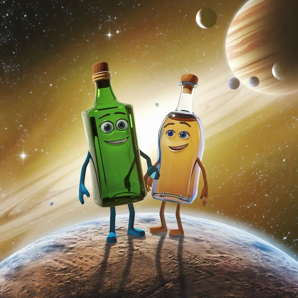 Cartoon-Bottles-on-a-Planet-in-Front-of-a-Bright-Cosmos