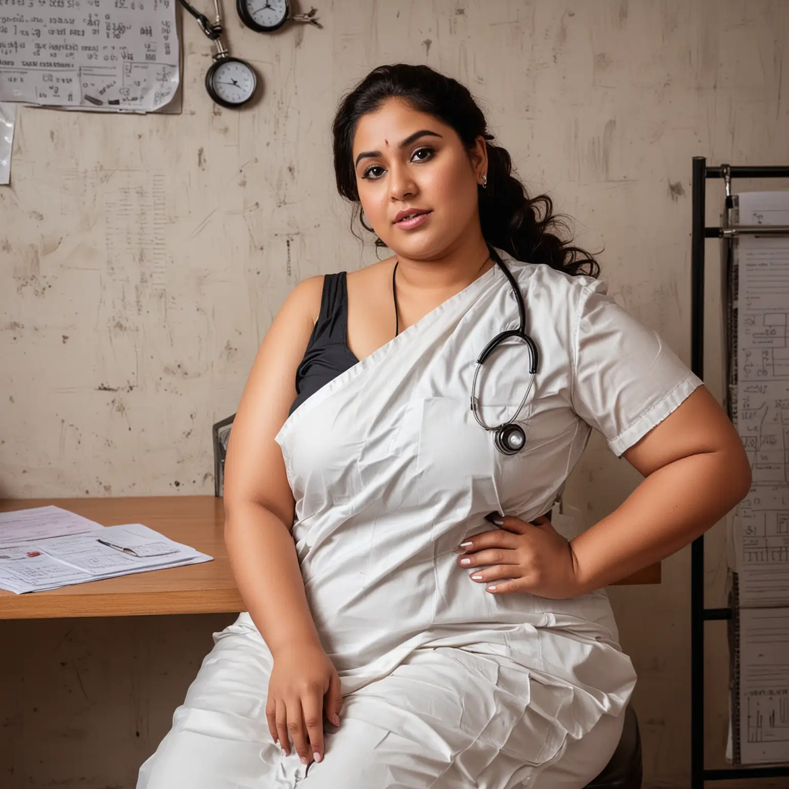 plus size voluptuous female doctor wearing saree and blouse with black stethoscope round her shoulder sitting in a clinic setting with medical instruments and medical charts on the walls