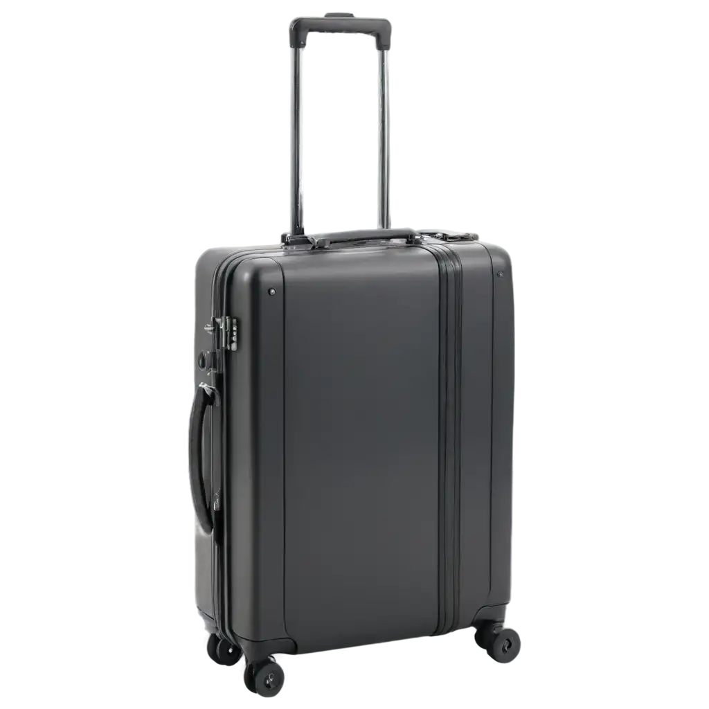 A simple black suitcase, with a key and handle, looks ready for a vacation. The suitcase is placed on a flat surface, without a background.