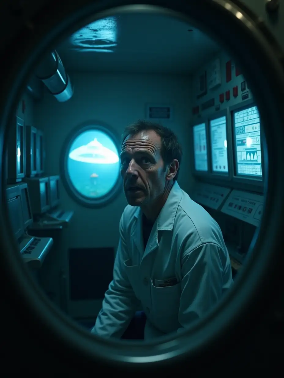 An ultra-realistic cinematic depiction of a lone scientist inside a compact research vessel at the ocean's depths, seated in a dimly lit cabin filled with the cold glow of flickering monitors. The scientist's face is drenched in sweat, their wide-eyed expression frozen in pure terror as they stare directly into the camera, as if something horrifying looms just outside the frame. The faint, pulsating light from a glowing UFO resting on the seabed outside filters through the small viewport, casting eerie shadows that dance across the metallic walls. The confined space heightens the sense of dread, with faint reflections of strange, unidentifiable marine creatures moving beyond the glass, amplifying the fear of the unknown.