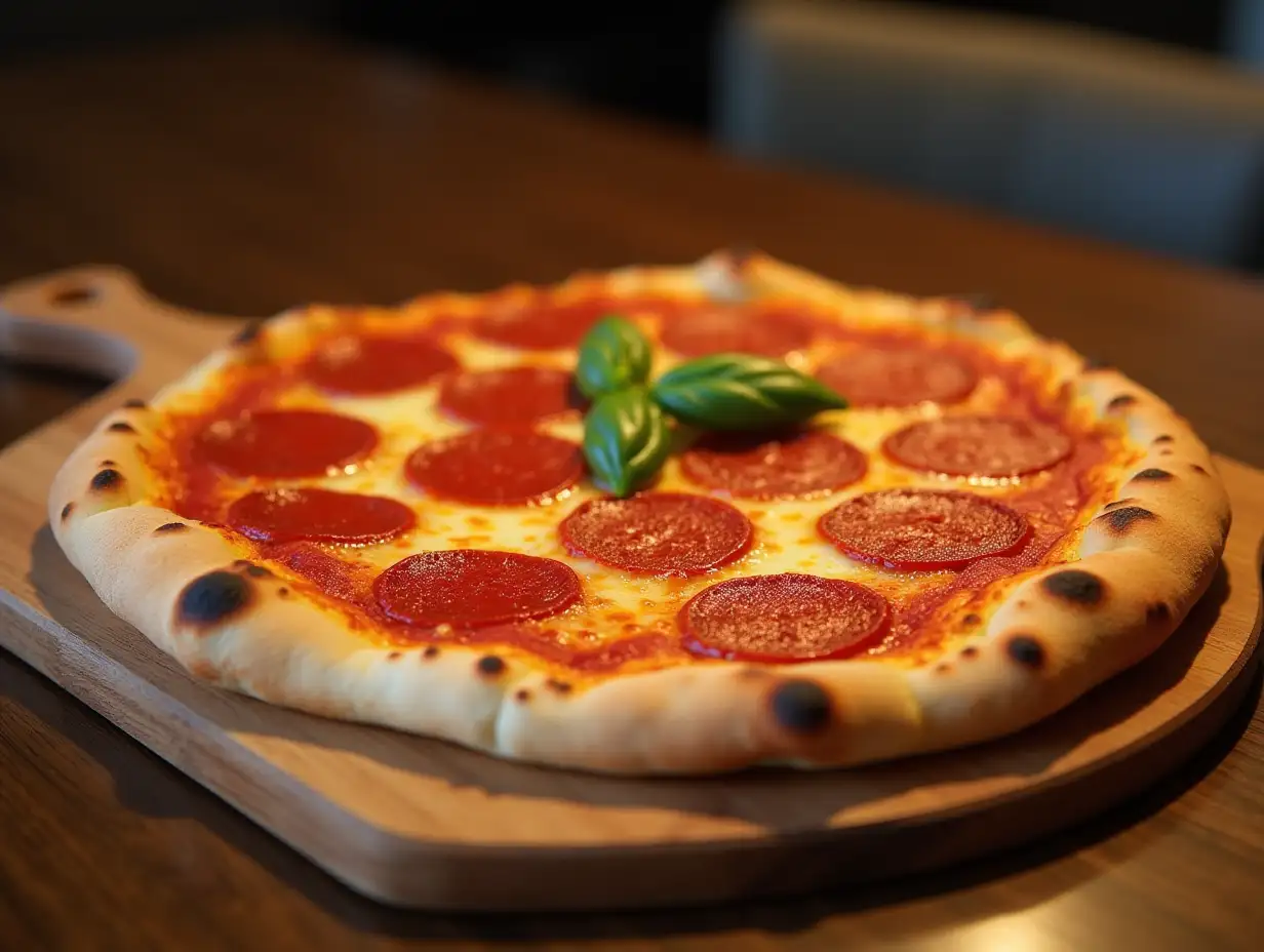 Savory-Pepperoni-Pizza-on-a-Wooden-Board-in-a-Cozy-Rustic-Ambiance