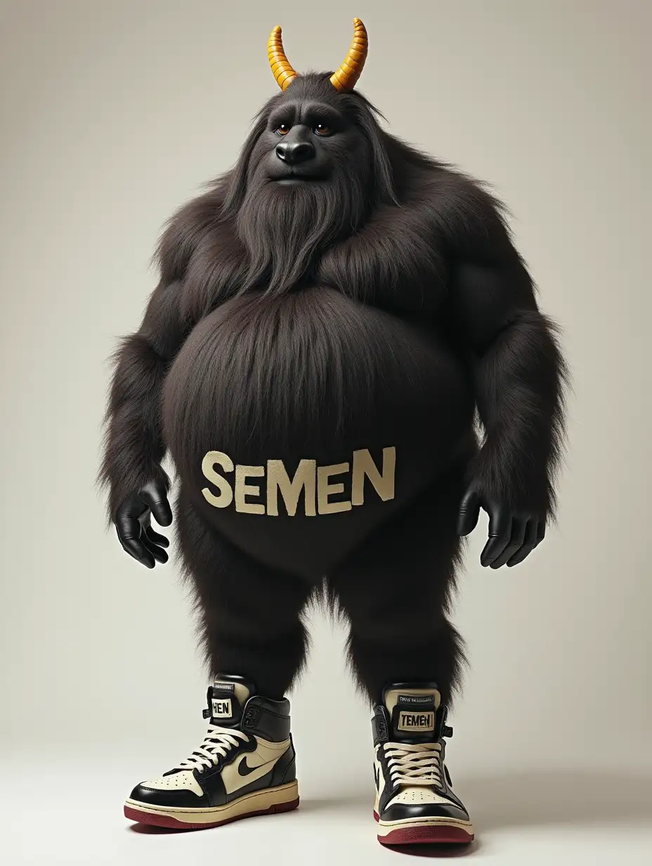 buff, big minion, in Rick Owens sneakers, with the inscription SEMEN