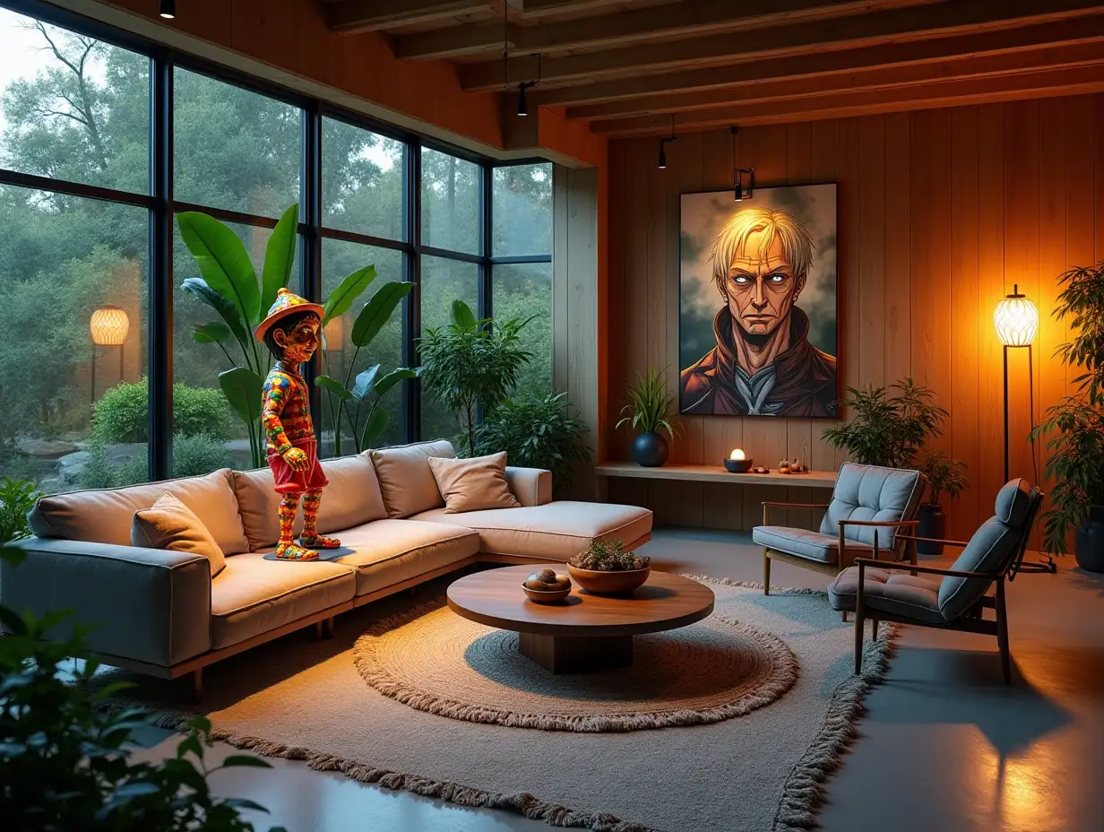 Large modern living room with colorful metal statue of Pinocchio lighting, with furniture with plants with Attack on Titan image on the wall Zen-Garden with carefully tended rocks, a meditative 180 degrees shot 8K resolution Vibrant