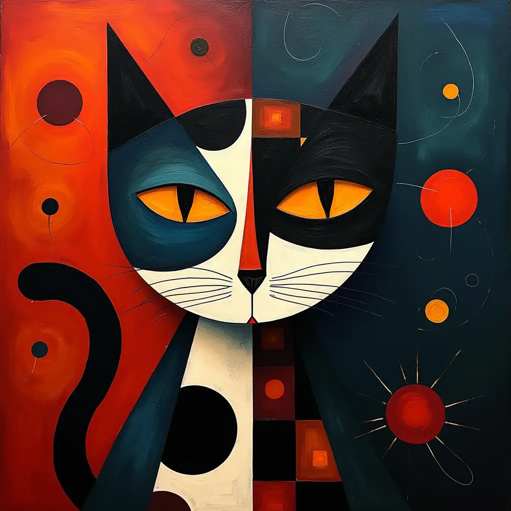 A checkered cat's face in the style of Kandinsky, Malevich, minimalism, simplified for a beginning artist with acrylic many colors, constructivism abstract art, rather dark