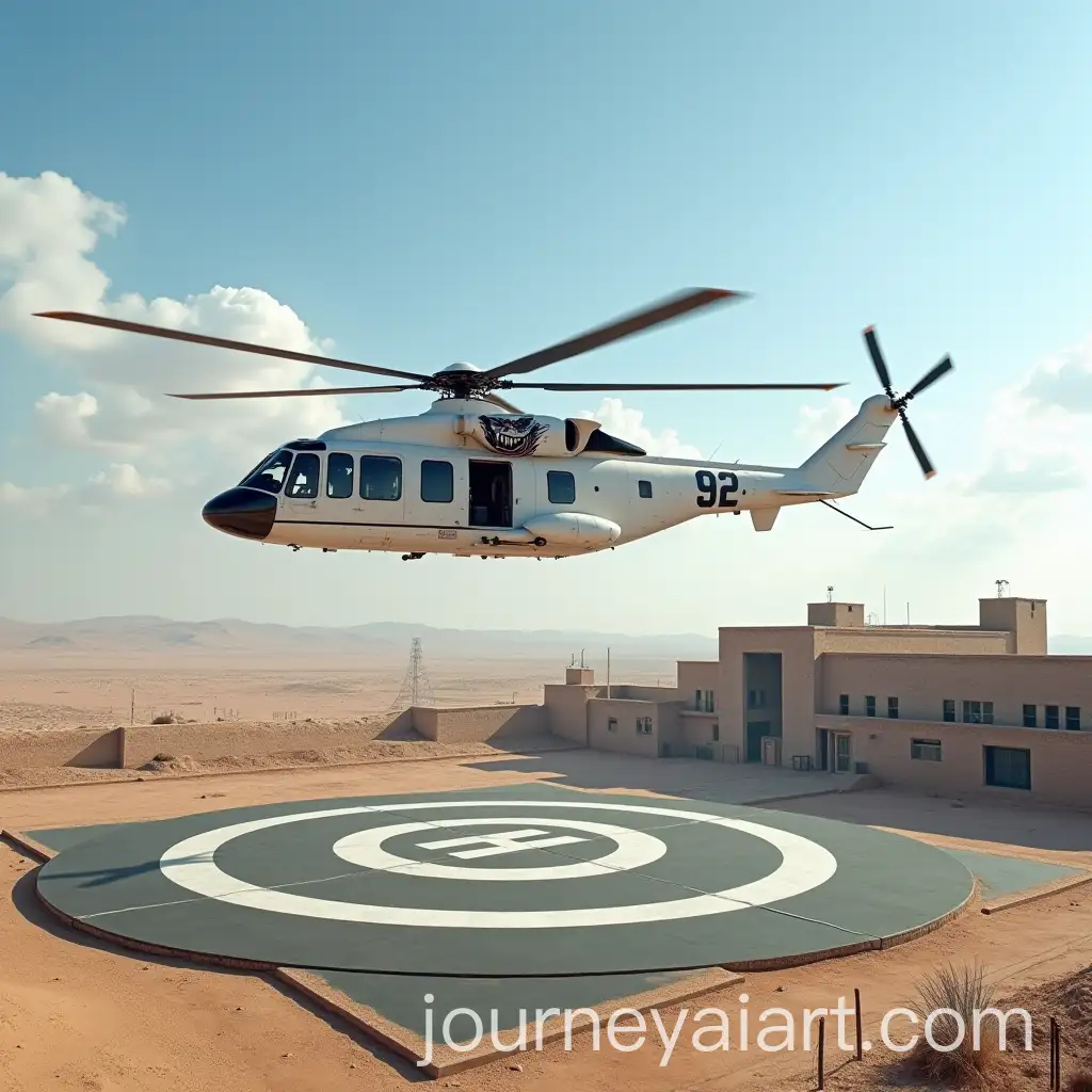 Sikorsky-S92-Helicopter-Flying-Over-Desert-FortPrison-with-Observation-Towers