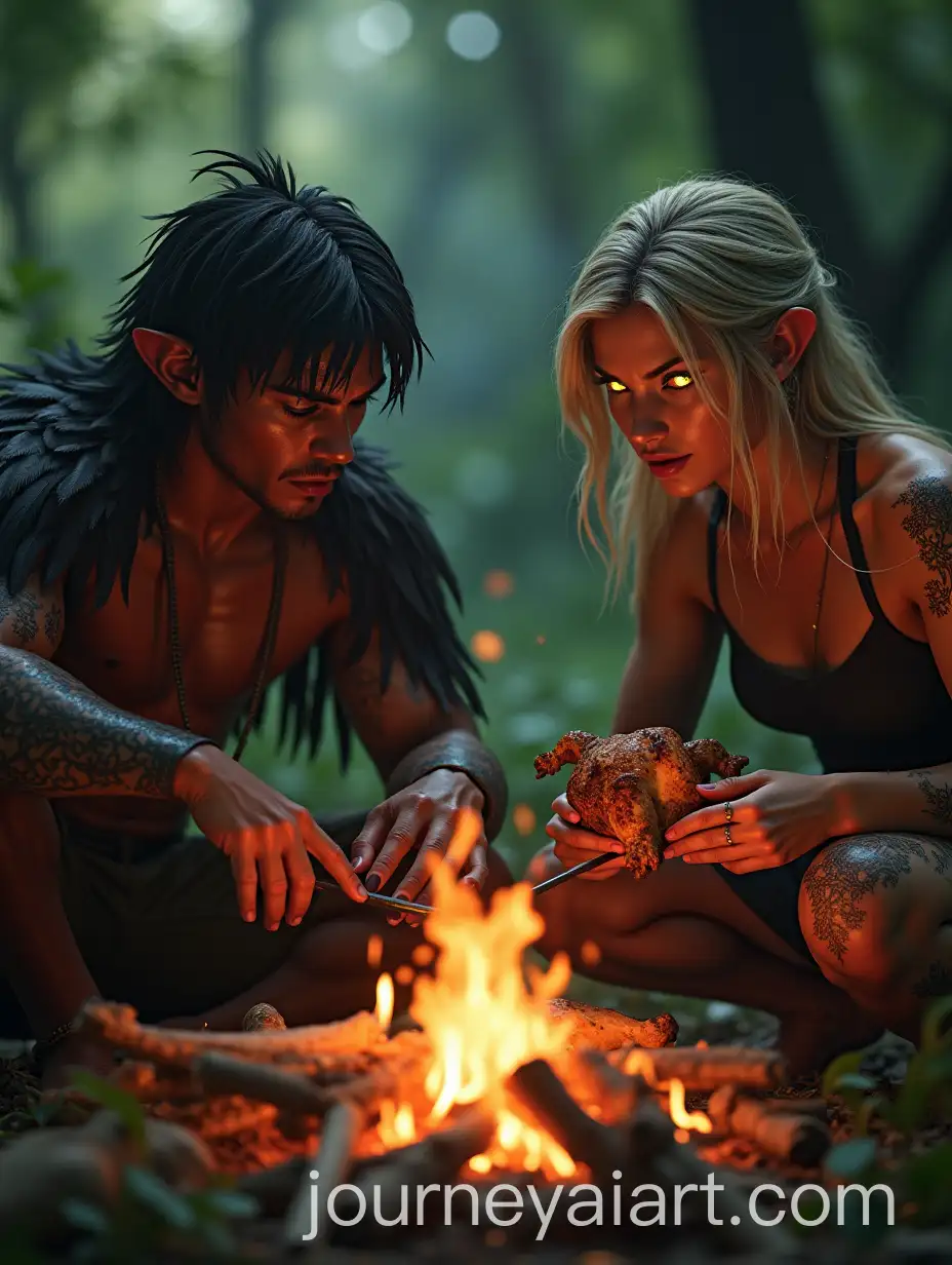 Teenage-Boy-and-Girl-Hybrid-with-Eagle-Features-Roasting-Chicken-in-Amazon-Rainforest