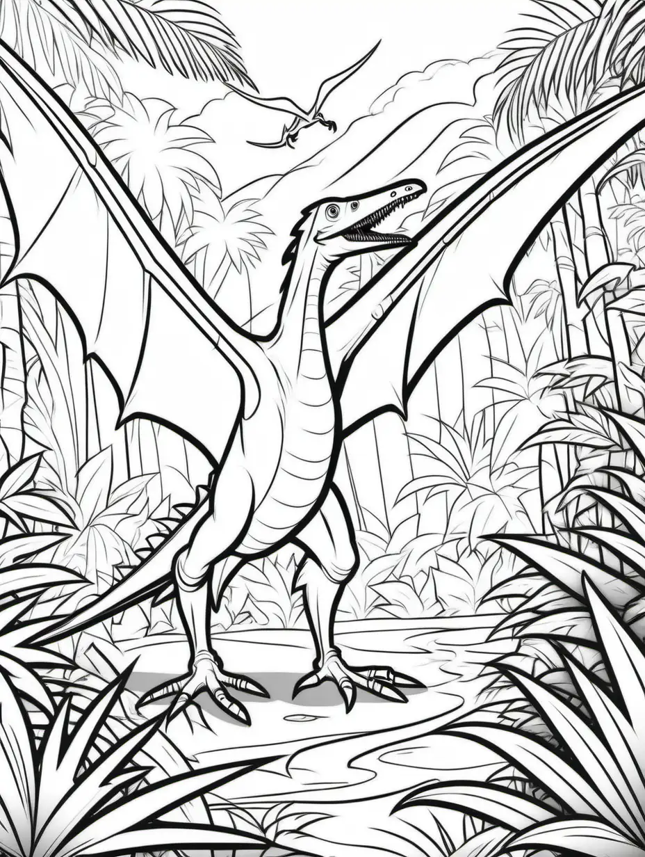 Cartoon Pterodactylus Coloring Page in Jungle Setting