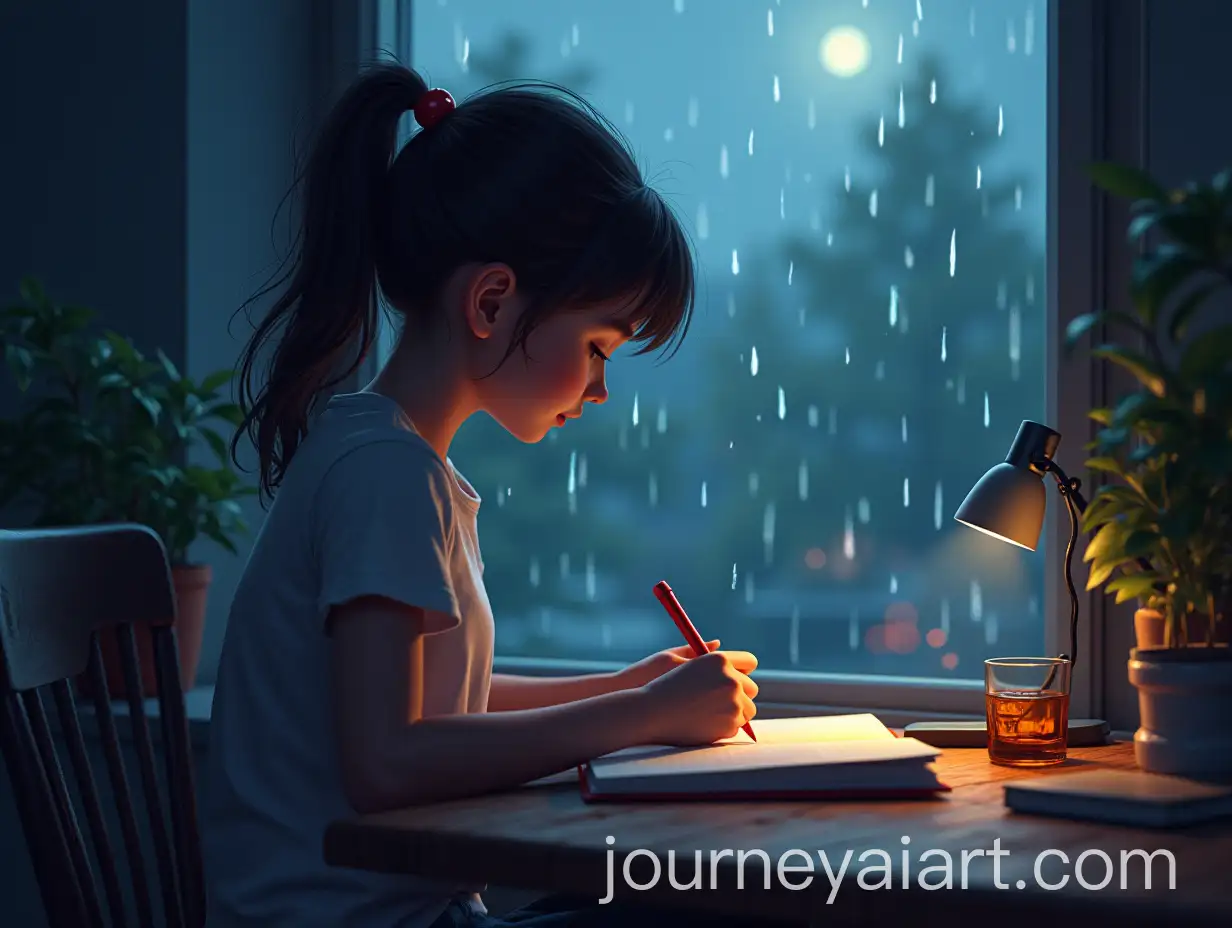 Chill-Lofi-Vibe-with-Girl-Writing-in-Notebook-and-Rainy-Window