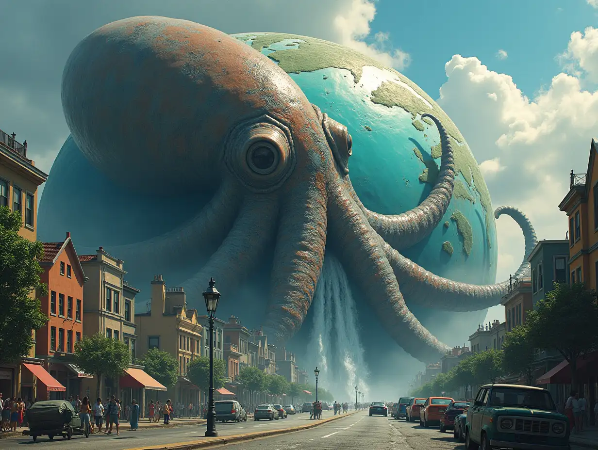 A giant squid embraces the Earth.With buildings, plants, streets, cars, people and a waterfall