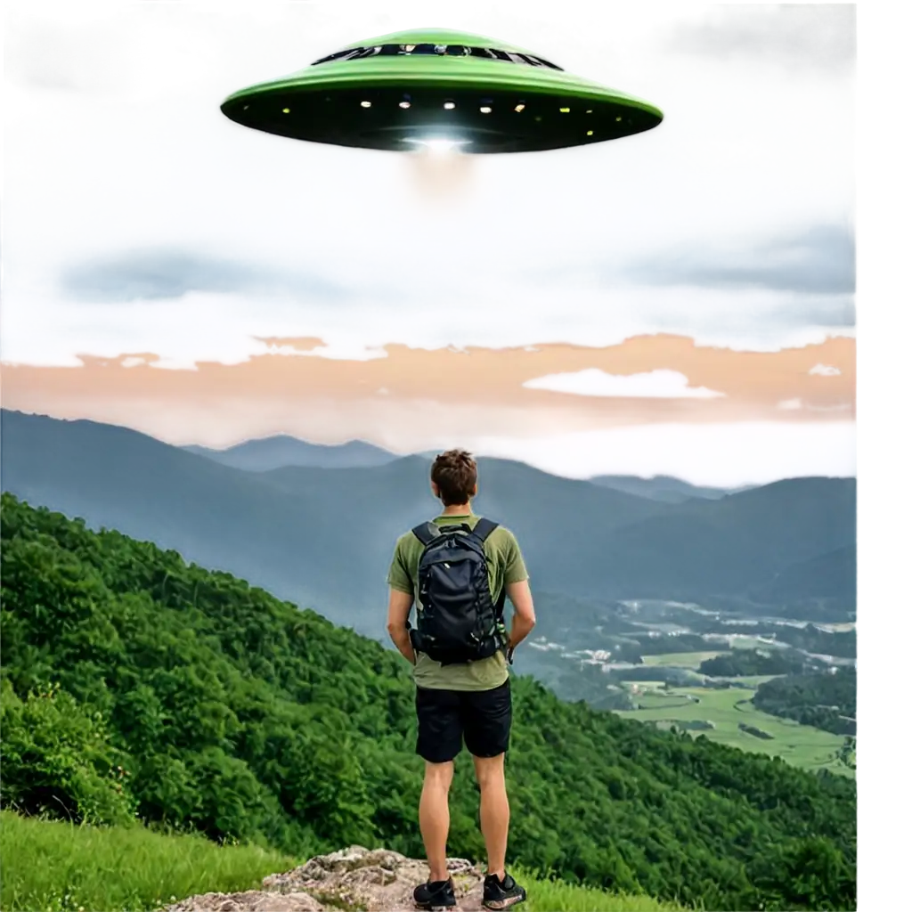 Backpacker-in-a-Green-Mountain-Seeing-UFO-PNG-Image-for-Adventure-and-SciFi-Enthusiasts