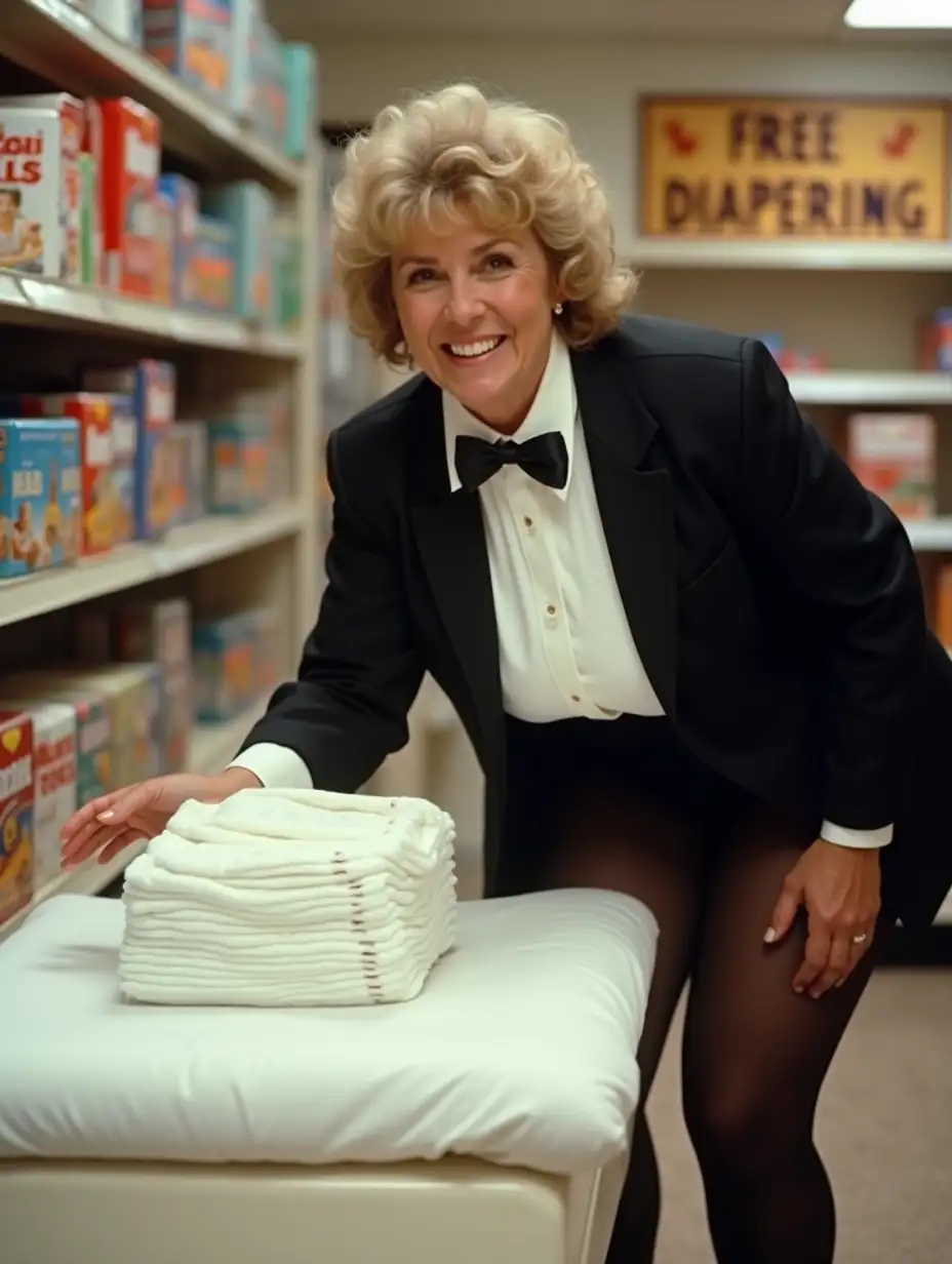 Caucasian-Woman-in-Formal-Tuxedo-Demonstrating-Diapers-in-Supermarket