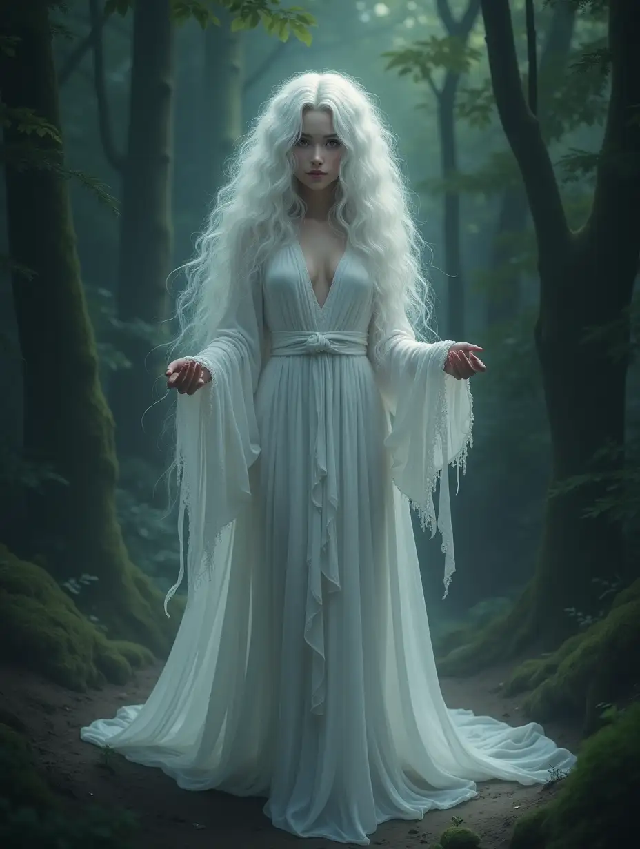 Ghost white girl, realistic style, long white curly hair, dressed in a white chiton, in full growth, dark forest, Photorealism