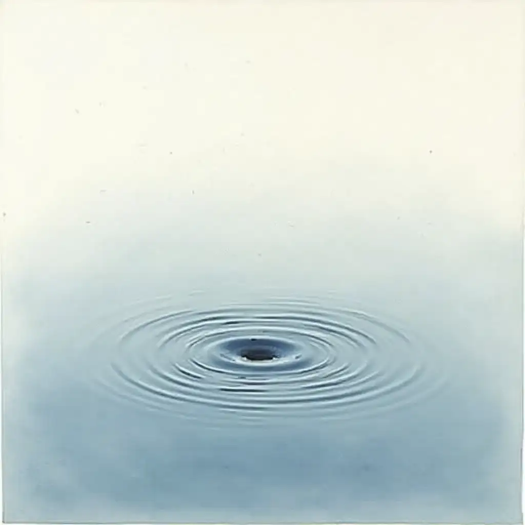 A sumi-e painting showing the calm surface of a lake with gentle ripples, as if something had just touched it. Small concentric circles expand softly, creating a sense of presence and impact. The water faintly reflects the sky, evoking the idea of silence and contemplation. No signatures or artistic marks.