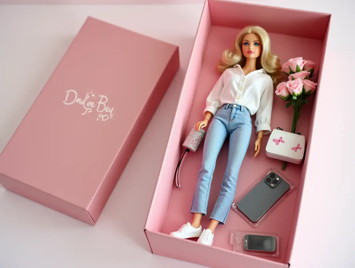 The box should be a soft pink color, the figure is dressed in a white blouse, light blue jeans, and white sneakers. The figure should be slender with light blonde hair of medium length. Accompanying the figure in the box should be her accessories: a white purse with a butterfly, 15 iPhones, and a bouquet of pink roses