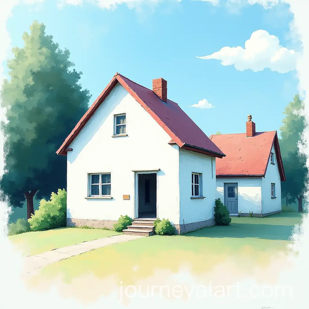 Abstract-White-House-with-Colorful-Brush-Strokes-and-Surrounding-Houses-and-Trees