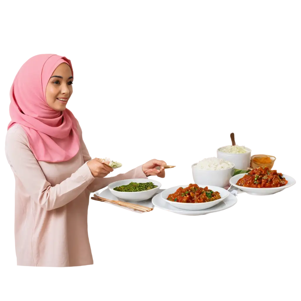 PNG-Image-of-a-Beautiful-Woman-in-Hijab-Eating-White-Rice-with-Petai-Sambal-for-Cultural-and-Culinary-Content