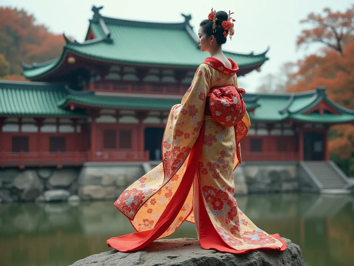 Japanese princess wearing a colorful kimono stands on a rock in a palace 4K resolution Vibrant