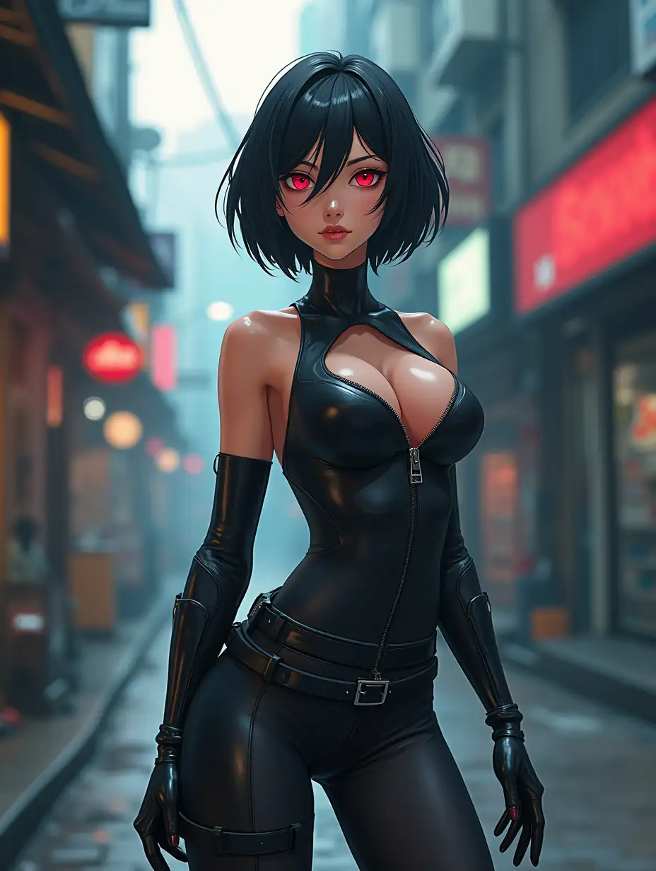 Short hair, mature Asian woman thief cyber runner in a dynamic full-length pose, eyes with red electronic pupils, large breast, extreme skintight body glove zipped down with cleavage, combat boots and combat belt. Full view of her body from boots up, low wide angle. Future store filled city alley street. Anime