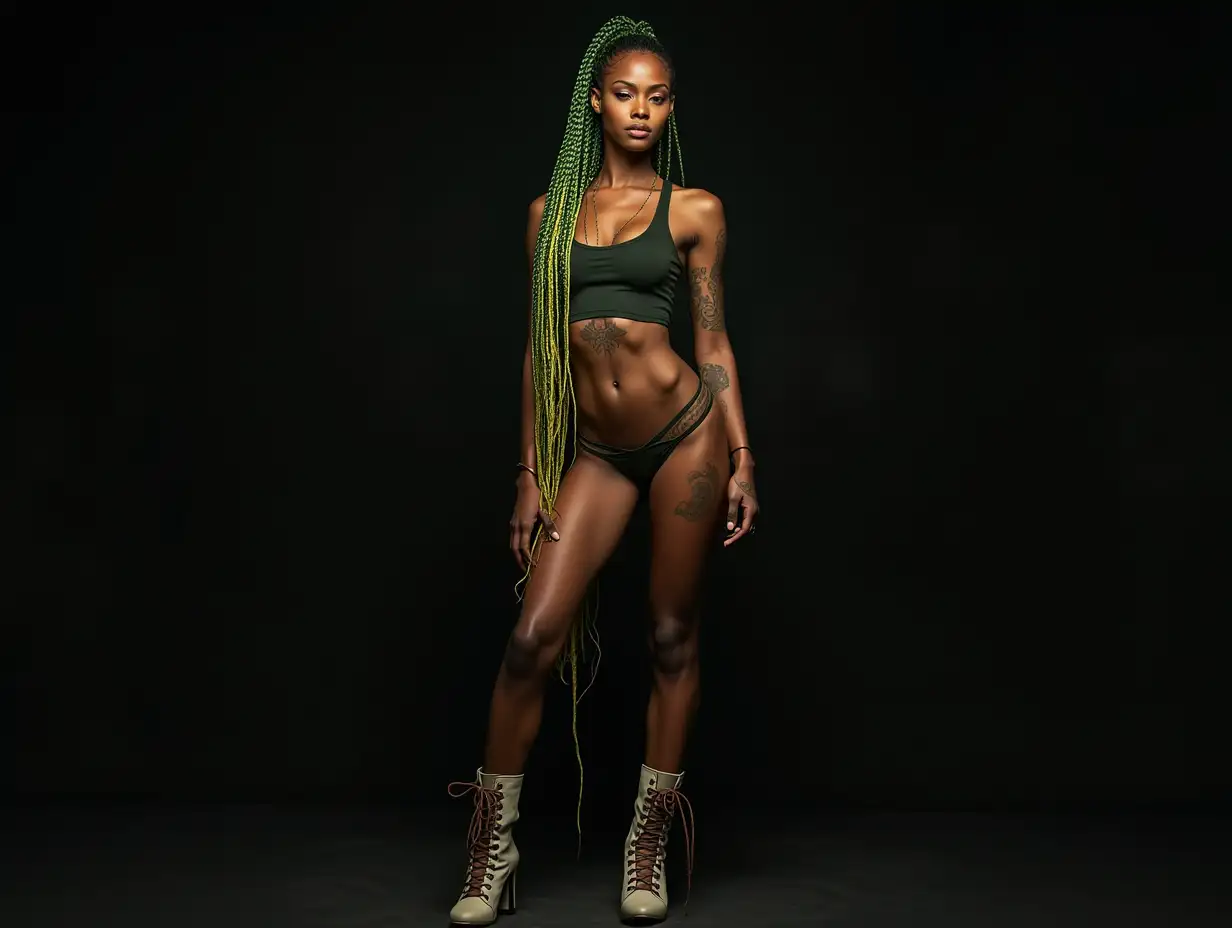 Depiction of a beautiful black woman with -tattoo, long mixed green-yellow braided hair in a futuristic style and laced boots, Blurry black background (120mm) shot poster