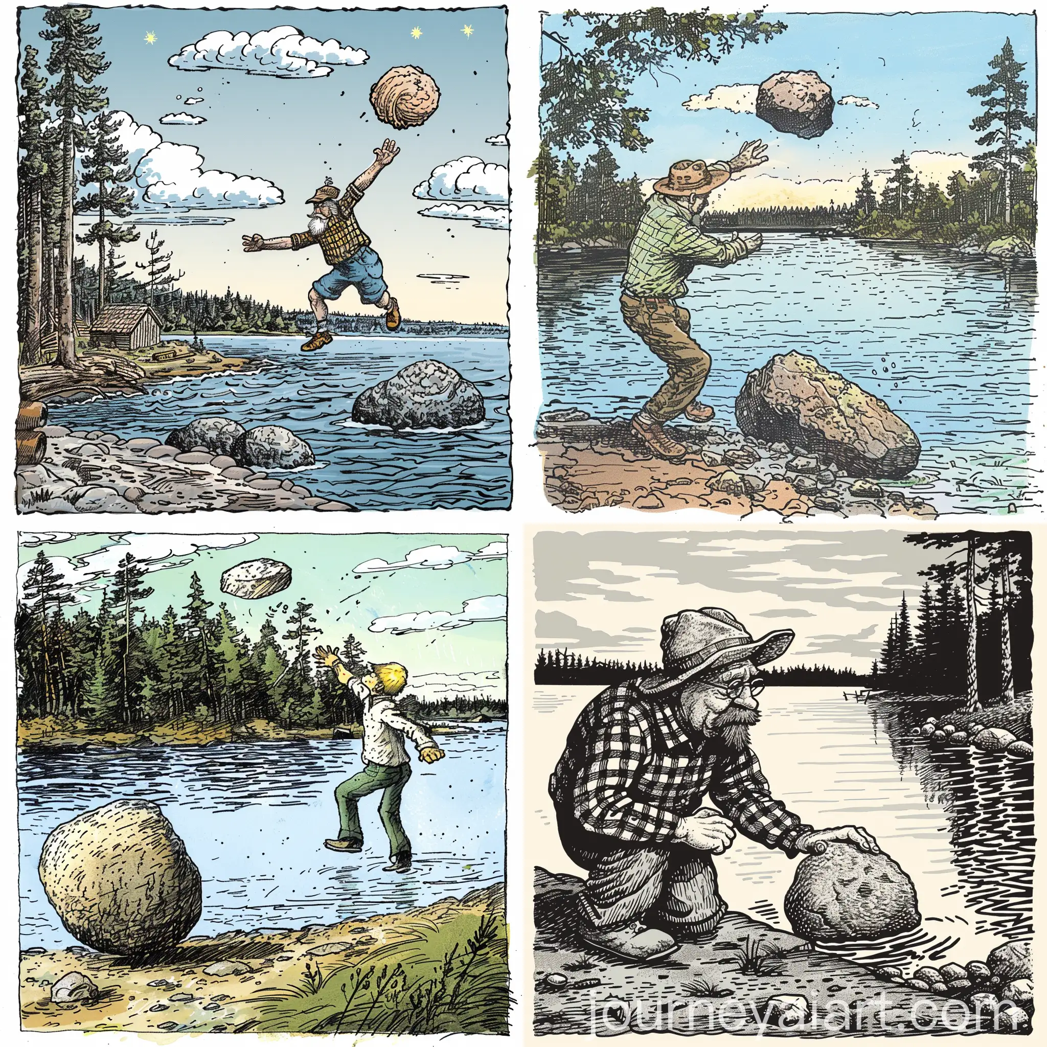 Jaakko-Throwing-Cold-Stone-in-Finnish-Lake-Robert-Crumb-Funny-Cartoon-Style