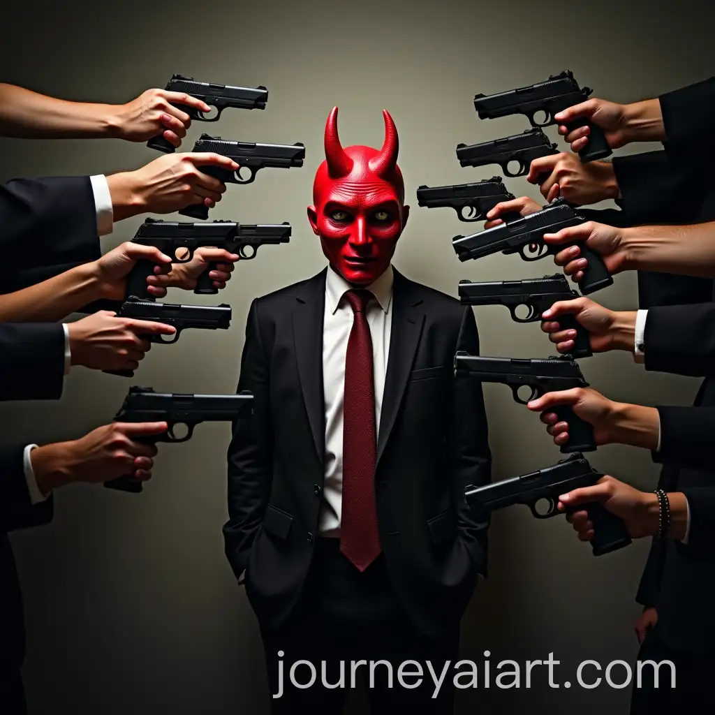 Man-in-Suit-Wearing-Oni-Mask-Surrounded-by-Armed-Hands