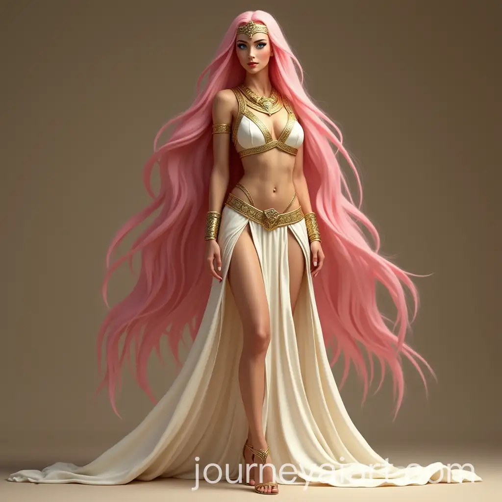Confident-Woman-in-Pharaonic-White-and-Gold-Attire-with-Pink-Hair