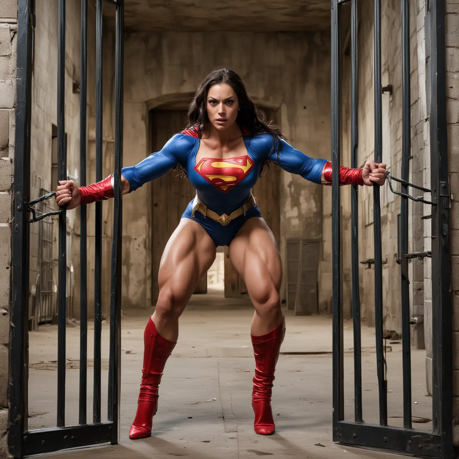 superwoman with large muscles bending oopen prison door bars