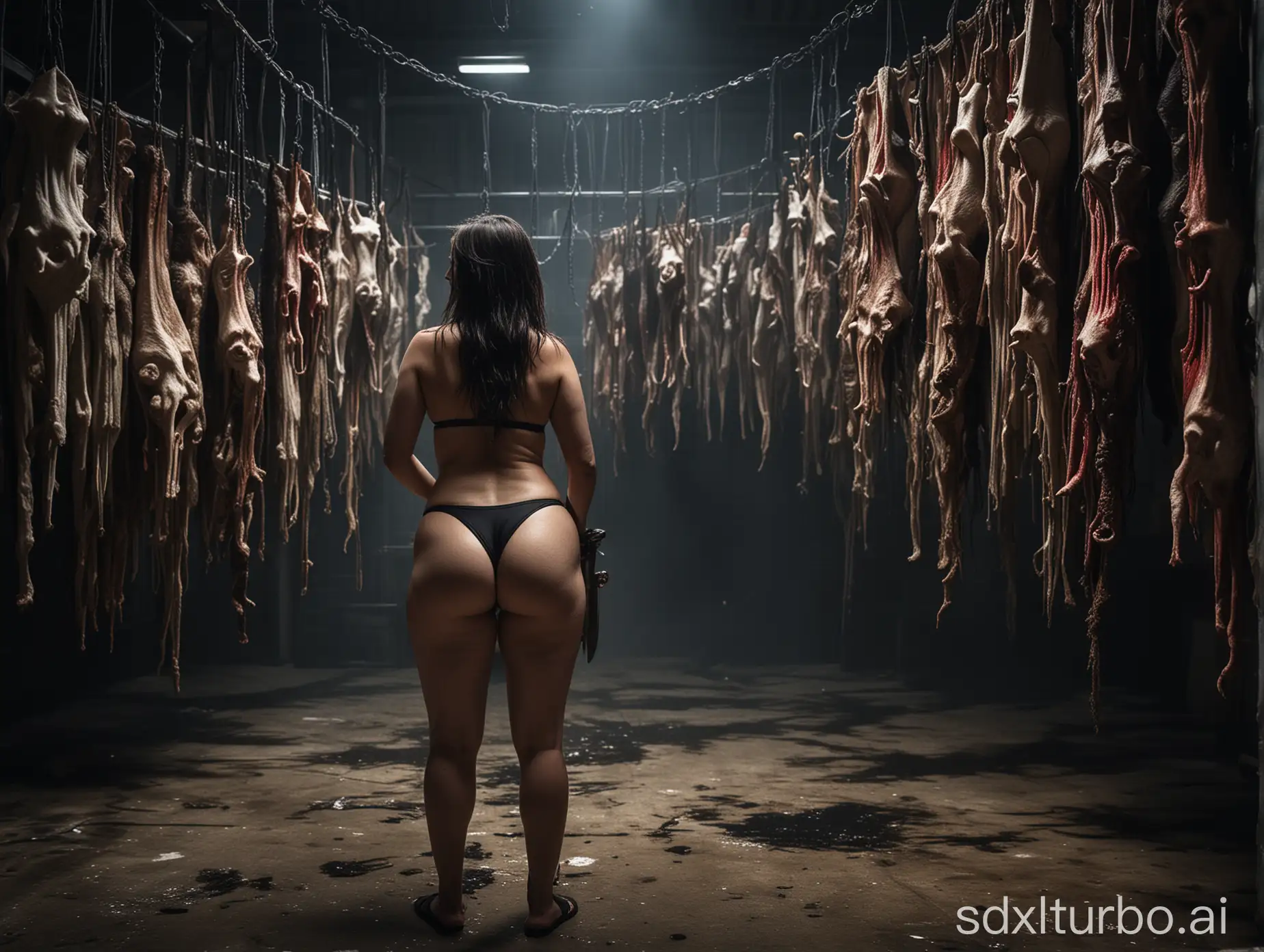 Thick-Woman-in-Black-Bikini-with-Knife-by-Hanging-Whole-Goat-Carcass