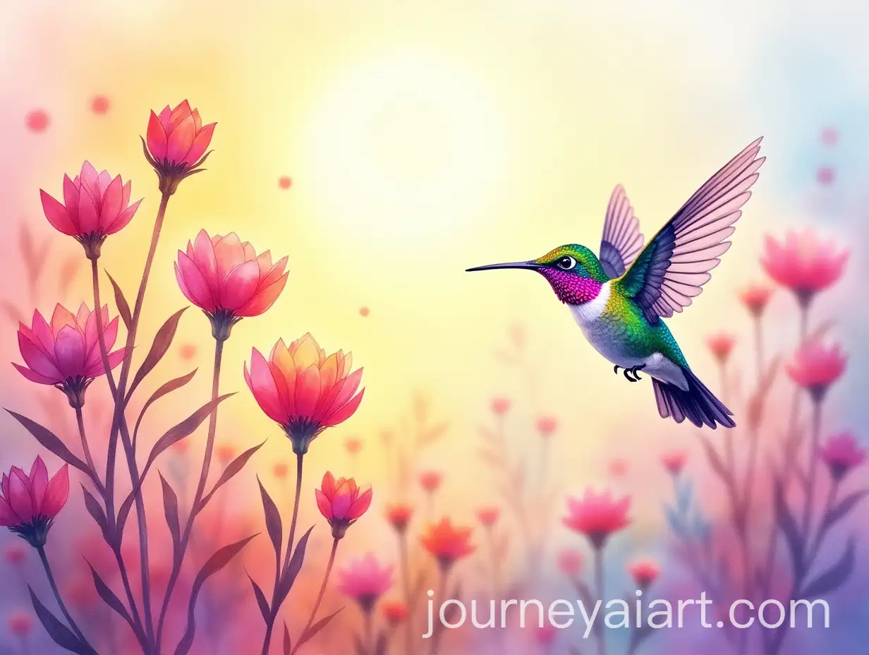 Iridescent-Hummingbird-Hovering-Near-Wildflowers-at-Sunrise