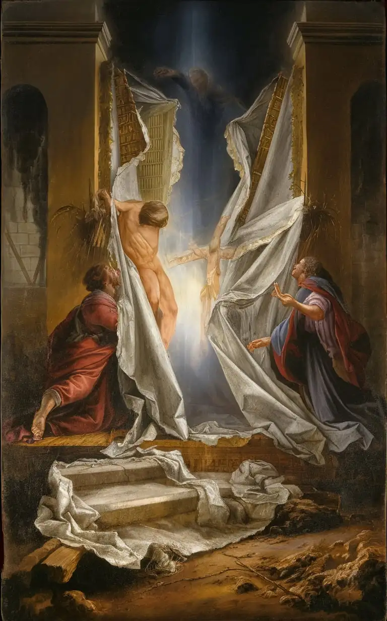 the veil in the holy of holies was split up from top to bottom,
the veil was used for dividing the holy of holies from temple,
the veil was torn into two parts because lord Jesus sacrificed,
