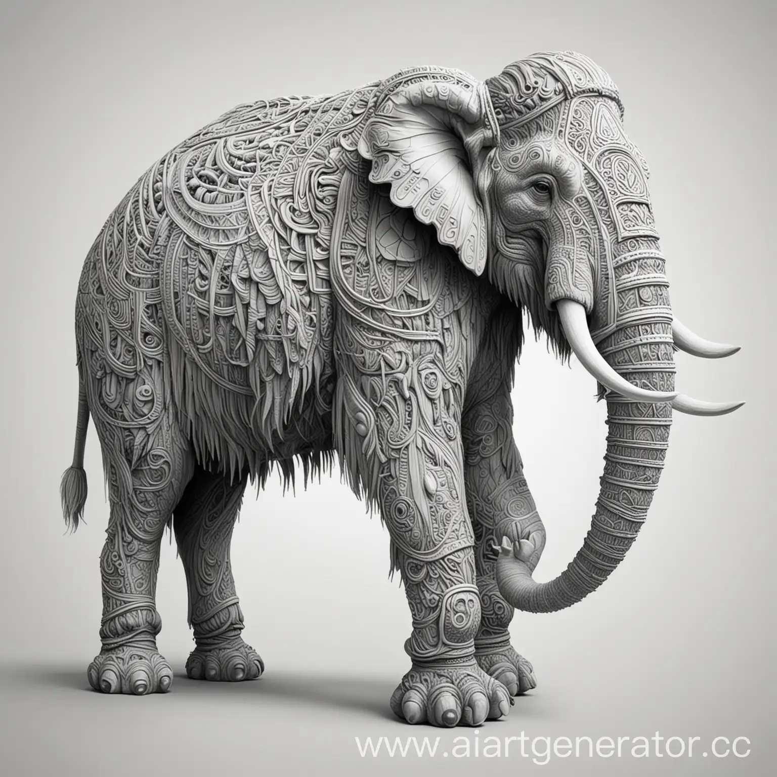 a Mammoth with intricate pattern inside of it, no colors , no shading, thick lines, white background